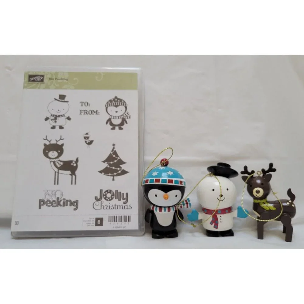 Stampin' Up! No Peeking Set - 8 Rubber Stamps and 3 Matching Christmas Ornaments - Picture 1 of 13